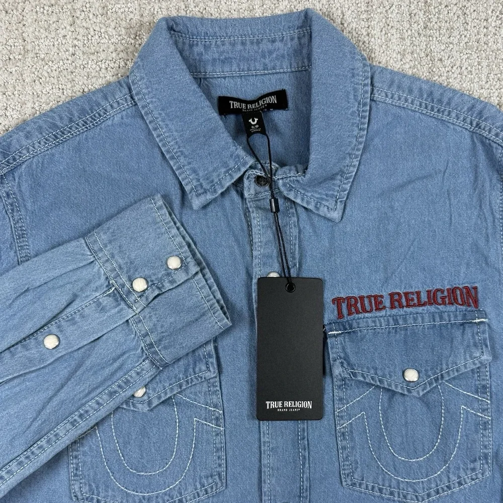 NWT True Religion Men's Small Pearl Snap Chambray Long Sleeve Button Up Shirt